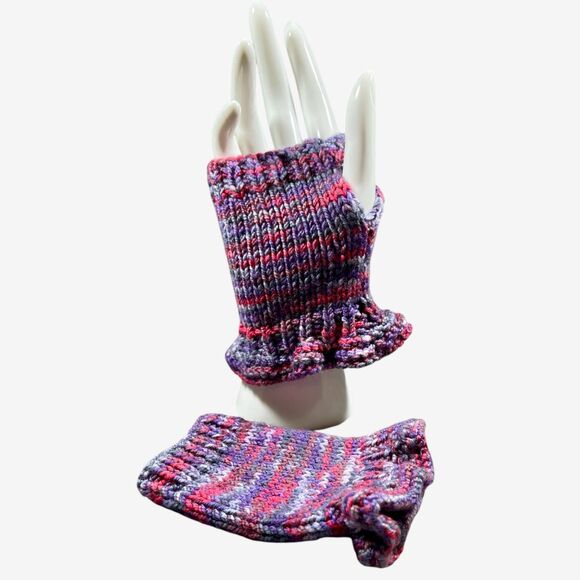Handknit Blue & Pink Ruffle Cuff Wrist Warmers – Cozy Handmade Knit Accessory - Picture 1 of 5